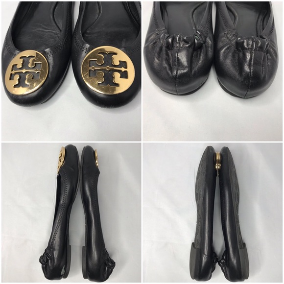 Tory Burch Reva Black Ballet Flats Gold Emblem 8 - Picture 2 of 6